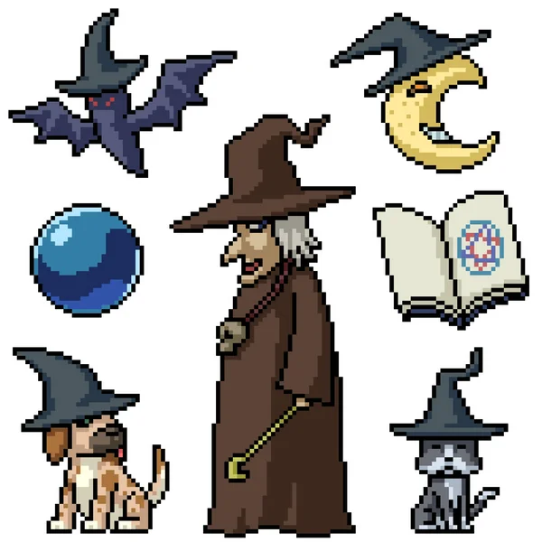 Pixel Art Set Isolé Vieille Sorcière — Image vectorielle