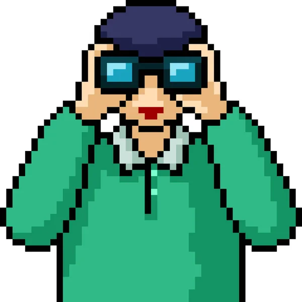 Vettore Pixel Art Binocolo Uomo Isolato Cartone Animato — Vettoriale Stock