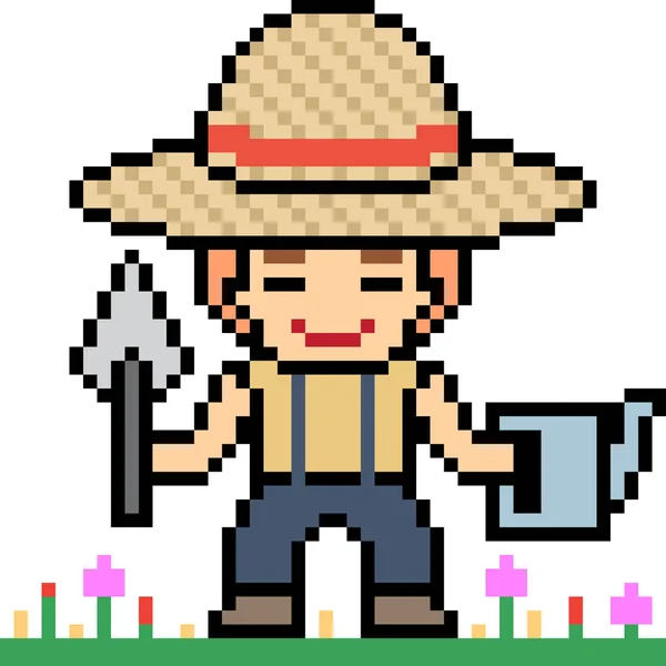 Vector Pixel Arte Dibujos Animados Jardinero Aislado — Vector de stock