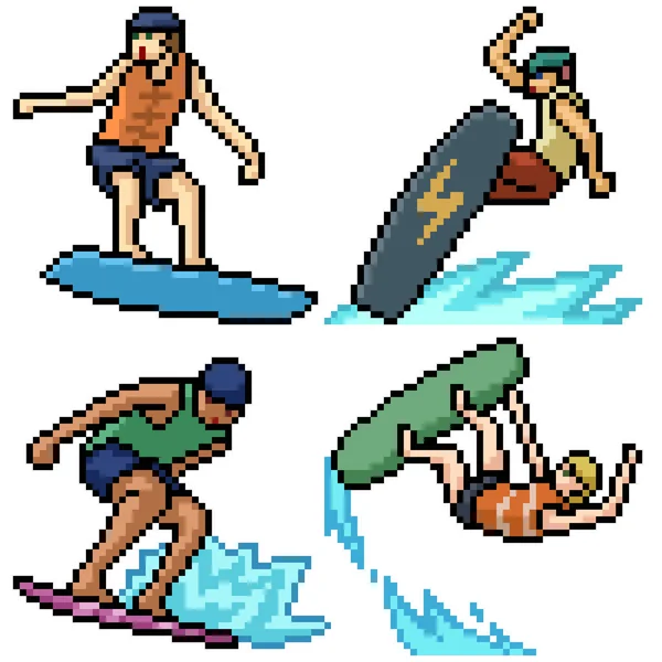 Pixel Art Set Isolated Surfboard Action — Stock Vector