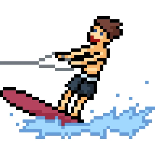 Vector Pixel Arte Surfboard Jugar Dibujos Animados Aislados — Vector de stock