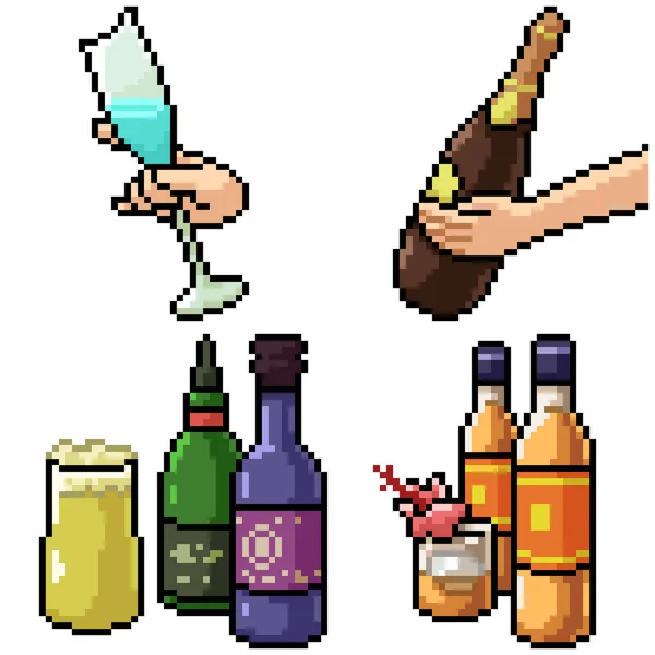 Pixel Art Set Geïsoleerde Alcohol Drank — Stockvector