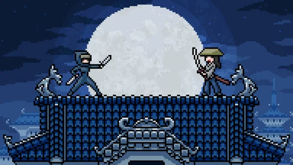 Pixel Art Szene Ninja Samurai Klassischen Kampf — Stockvektor