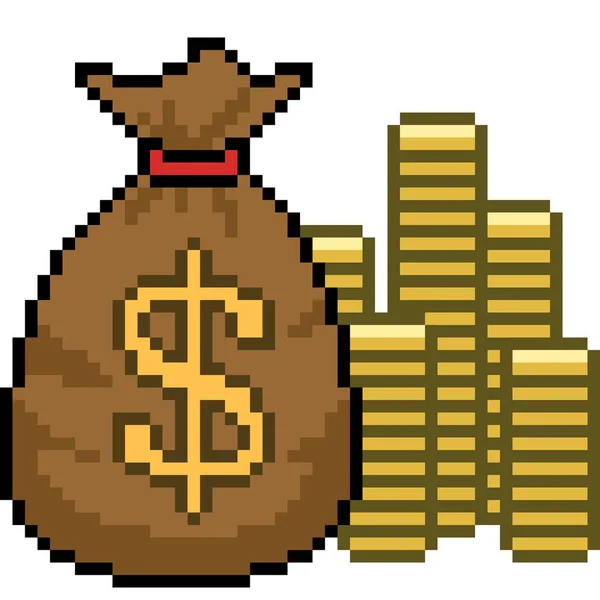 Vector Pixel Arte Dinero Oro Rico Dibujos Animados Aislados — Vector de stock