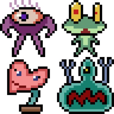 Beyaz arkaplanda vektör piksel sanat çizgi film canavar simgesi izole