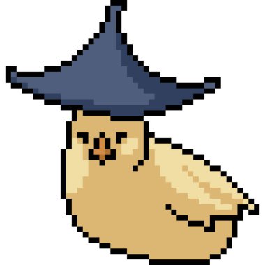 Vektör pikselli tavuk, izole edilmiş şapka takıyor.