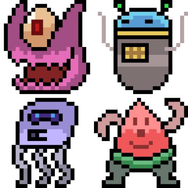 Beyaz arkaplanda vektör piksel sanat çizgi film canavar simgesi izole