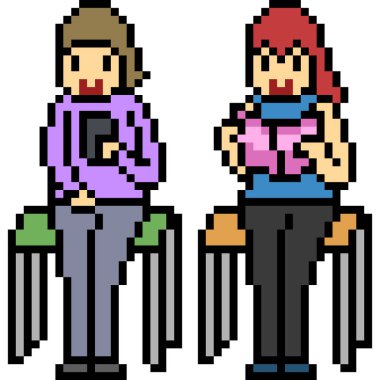 Vektör piksel sanatsal kadın izole çizgi film okuyarak oturur