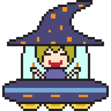 vektör piksel resim çizgi film cadısı UFO izole edildi