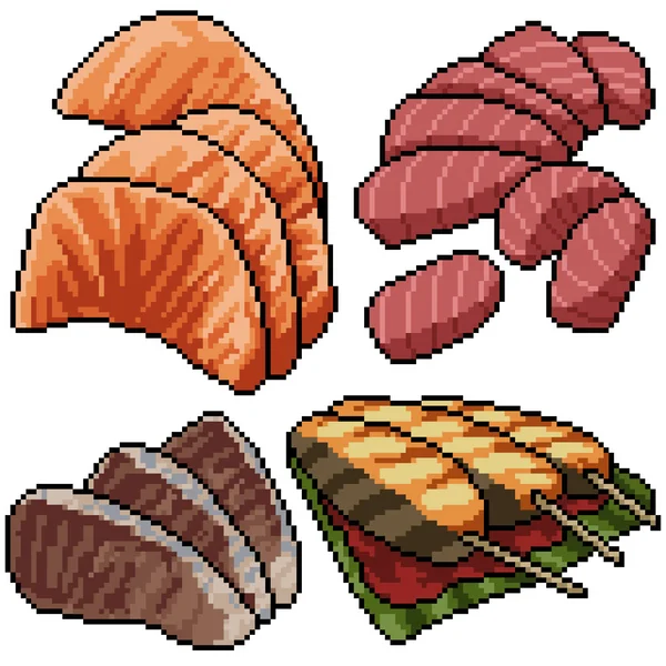 Pixel Art Set Isolado Peixe Sashimi — Vetor de Stock