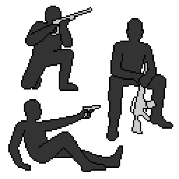 Set Pixel Art Isolato Silhouette Uomo Con Pistola — Vettoriale Stock