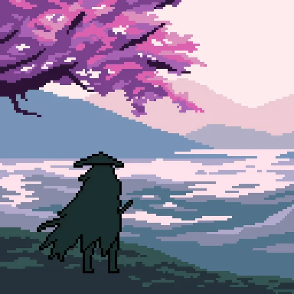 Pixel Arte Escena Samurai Viajero — Vector de stock