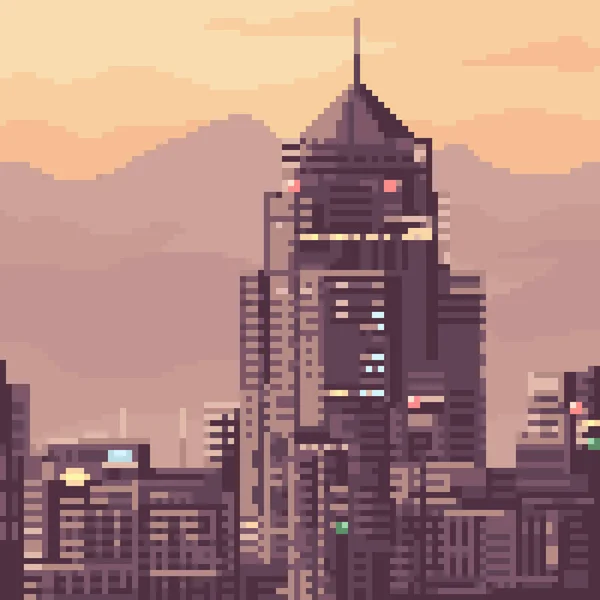 Pixel Τέχνη Του Ηλιοβασιλέματος Κτίριο Της Πόλης — Διανυσματικό Αρχείο