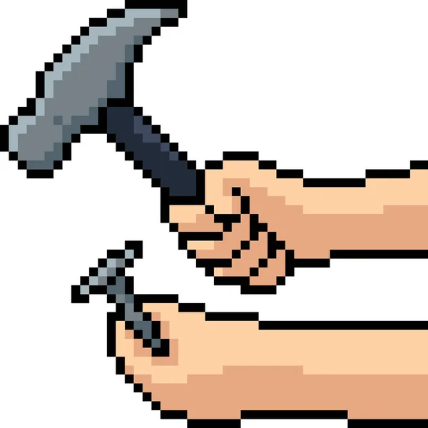 Vector Pixel Art Hammer Nail Isolated Cartoon — Stock Vector