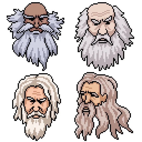 Набор Пиксельного Искусства Изолированный Старик Бородой — стоковый вектор