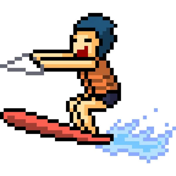 Vector Pixel Art Surfboard Play Isolated Cartoon — Stock Vector