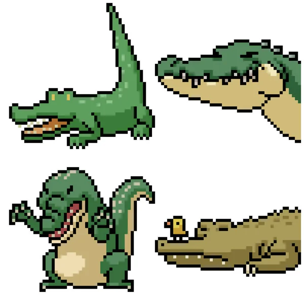 Pixel Art Set Isoliert Lustiges Krokodil — Stockvektor