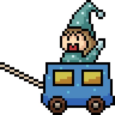 Vektör pikselci çocuk, el arabası karikatürü oynuyor.