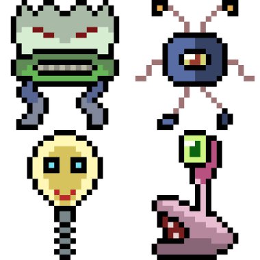 Beyaz arkaplanda vektör piksel sanat çizgi film canavar simgesi izole