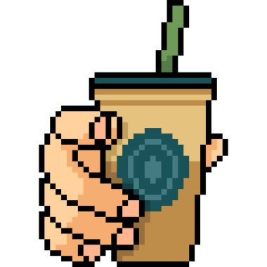 vektör pikseli el, kahve izole edilmiş çizgi film.