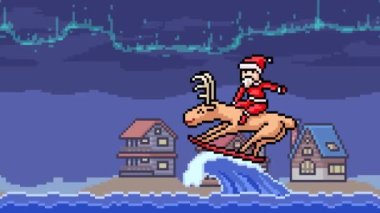 animasyon pikseli Noel Baba sörf tahtası karikatür sahnesi