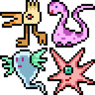 Beyaz arkaplanda vektör piksel sanat çizgi film canavar simgesi izole