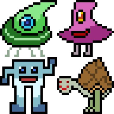 Beyaz arkaplanda vektör piksel sanat çizgi film canavar simgesi izole