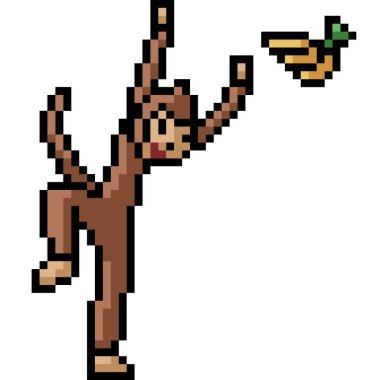 Vektör piksel sanat maymunu muzdan izole çizgi film oynuyor