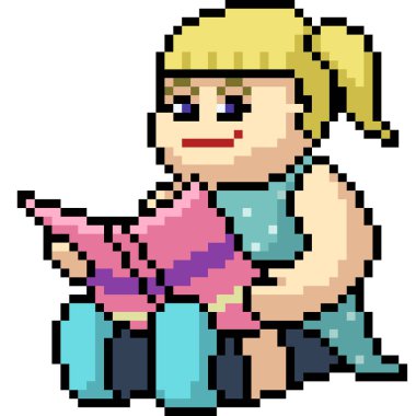 Vektör piksel sanatçısı kız kitap izole çizgi film okuyor.