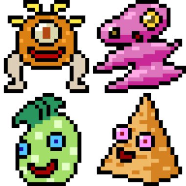 Beyaz arkaplanda vektör piksel sanat çizgi film canavar simgesi izole