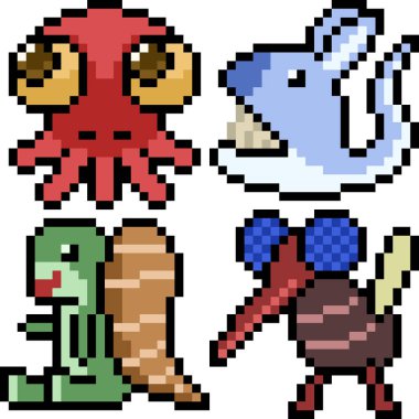 Beyaz arkaplanda vektör piksel sanat çizgi film canavar simgesi izole