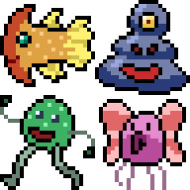 Beyaz arkaplanda vektör piksel sanat çizgi film canavar simgesi izole