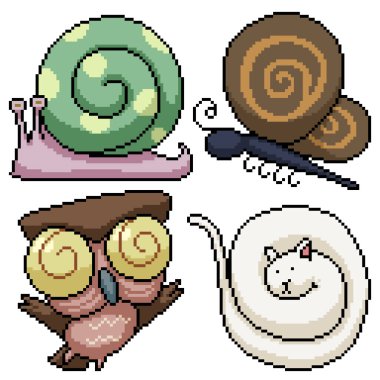 Piksel sanatı, kıvrımlı, izole bir hayvan seti.