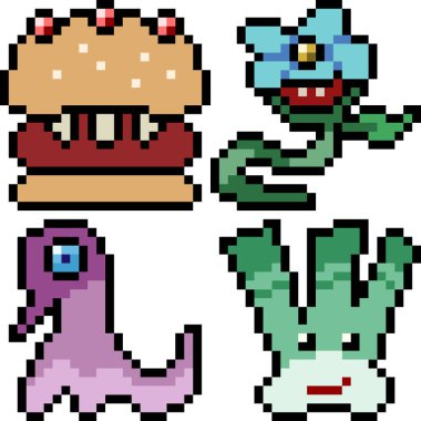 Beyaz arkaplanda vektör piksel sanat çizgi film canavar simgesi izole