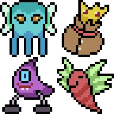 Beyaz arkaplanda vektör piksel sanat çizgi film canavar simgesi izole