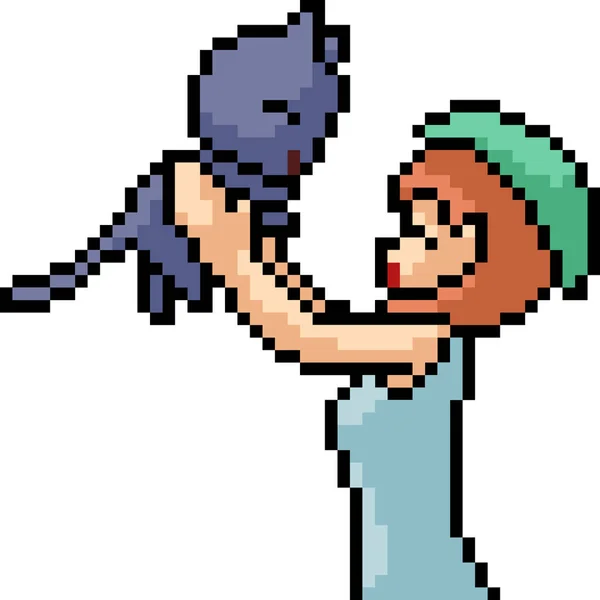 Vector Pixel Art Girl Play Cat Isolated Cartoon — 스톡 벡터
