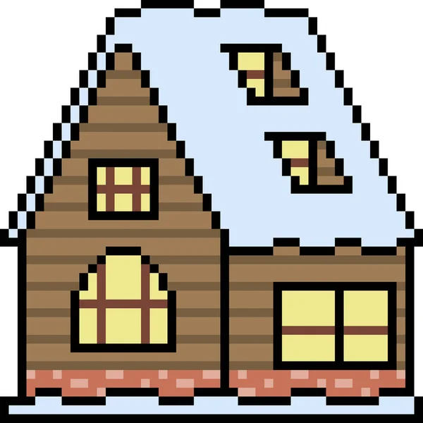 Векторный Пиксель Деревянный Дом Зимой Изолирован — стоковый вектор