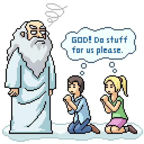 Pixel Art People Begging God — Stock Vector