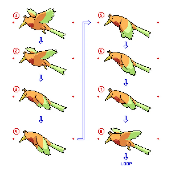 Pixel Art Oiseau Vol Animation Boucle — Image vectorielle