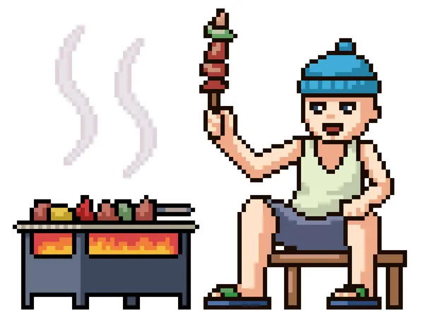 Pixel Art Ragazzo Godere Barbecue — Vettoriale Stock