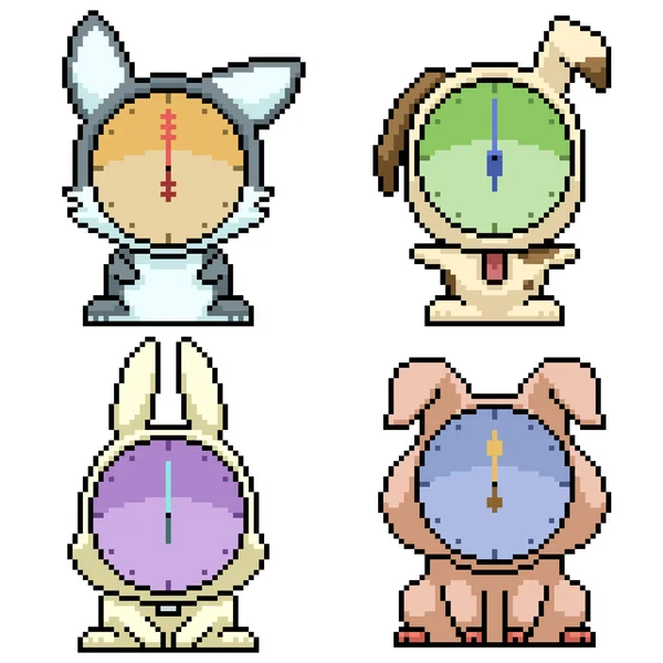Pixel Art Set Horloge Animale Isolée — Image vectorielle