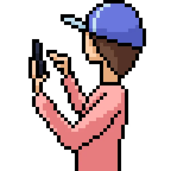 Vektor Pixel Umění Chlapec Hrát Smartphone Izolované Kreslené — Stockový vektor