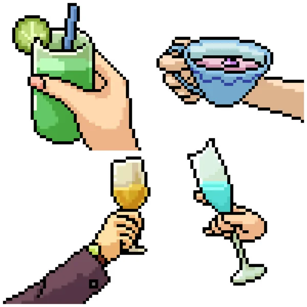 Pixel Kunst Set Geïsoleerde Hand Holding Drankje — Stockvector