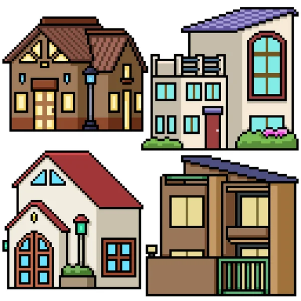 Pixel Art Set Izolovaný Moderní Dům — Stockový vektor