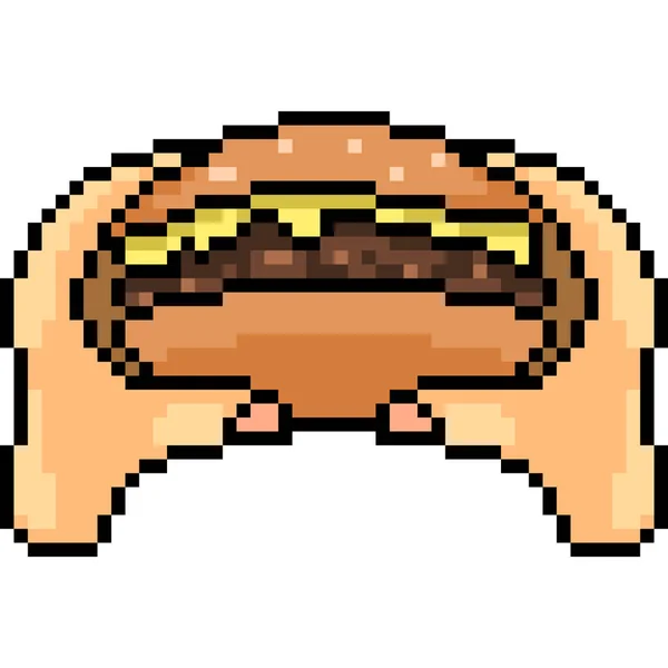 Vector Pixel Arte Comer Hamburguesa Dibujos Animados Aislados — Vector de stock