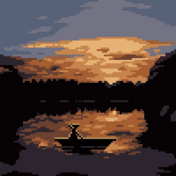 Pixel Kunst Van Zonsondergang Meer Boot — Stockvector