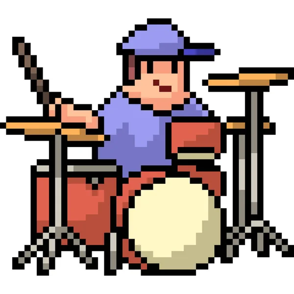 Vektor Pixel Kunst Schlagzeug Spielen Isolierte Karikatur — Stockvektor