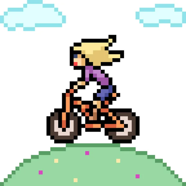 Vector Pixel Kunst Vrouw Rijden Fiets Geïsoleerde Cartoon — Stockvector