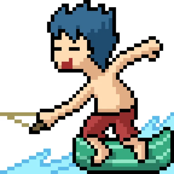 Vector Pixel Artă Băiat Surfboard Desene Animate Izolate — Vector de stoc