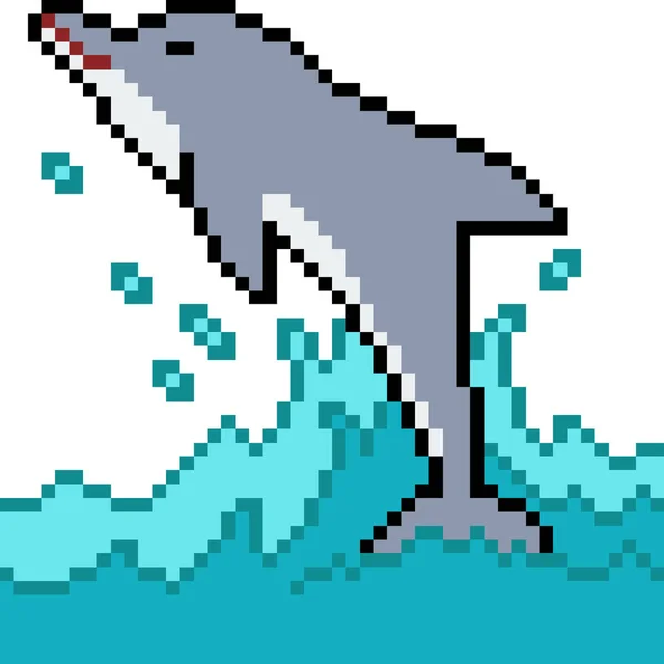 Vektor Pixel Művészet Delfin Ugrás Elszigetelt Rajzfilm — Stock Vector